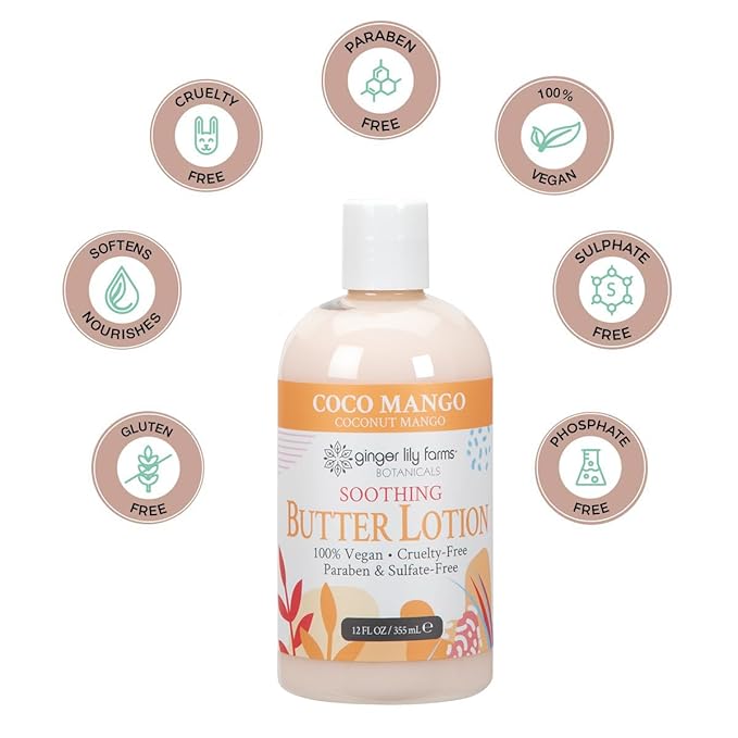 Ginger Lily Farms Botanicals Soothing Butter Lotion for Dry Skin, Coco Mango, 100% Vegan & Cruelty-Free, Coconut Mango Scent, 12 Fl Oz