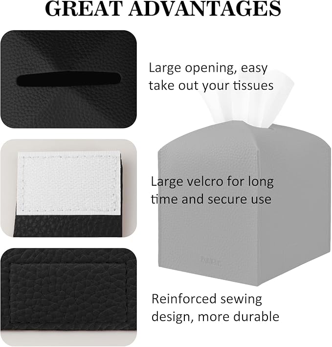 Tissue Box Cover Holder Square Tissue Cube Cover PU Leather Tissue Organizer with Bottom Belt for Bathroom, Tabletop, Car, Night Stands, Office, Home, Kitchen (2, Black)