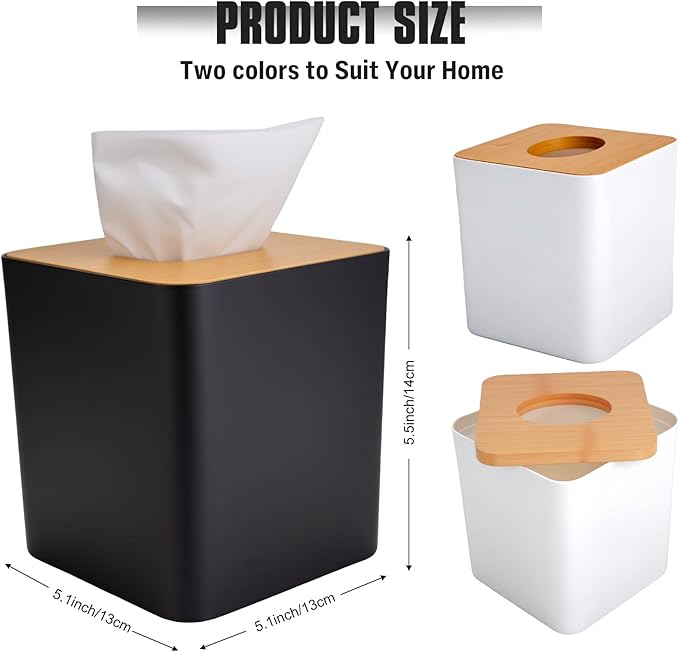 RETON 2 Pack Tissue Box Cover, Square Plastic Tissue Holder with Bamboo Cover Plate, Cube Black White Paper Organizers for Living Room, Office, Home Decor, Night Stand