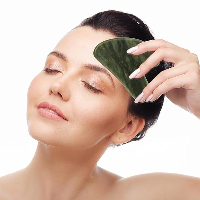 Gua Sha Facial Tools, Jade Guasha Tool for Face & Eye Gua Sha Stone for Puffiness Reducing & Jawline Sculpting Face Stone Gua Sha Tools for Skin Care Woman GuaSha Stone Tool, Dark Green