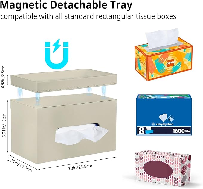 PU Leather Tissue Box Cover Rectangle with Detachable Storage Tray,Fits 230-Count Box Tall Rectangular,Modern Decorative Tissue Box Holder/Organizer for Bathroom,Bedroom Dresser,Night Stand