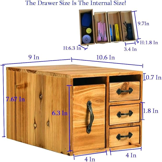 Rustic Beauty Organizer 4 Drawers - Wooden Cosmetic Storage Box for Neat & Home Office Desk &Organize &Storing of Makeup holder Tools,Bathroom Counter-top(Wood Color, L)