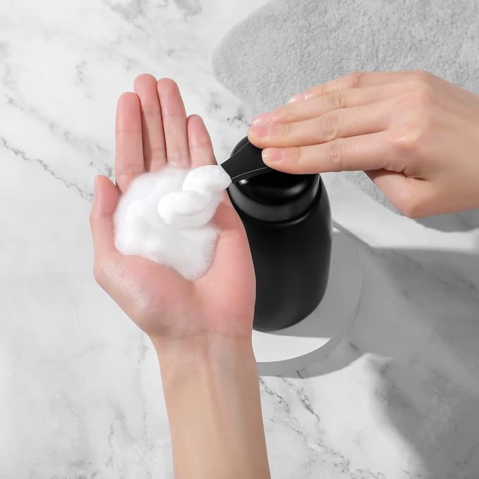 Foaming Hand Soap Dispenser Ceramic Jar Foam Dish Soap Dispenser for Bathroom and Kitchen Sink, Liquid Pump Bottle for Shampoo, Body Wash, Hand Soap, Grey