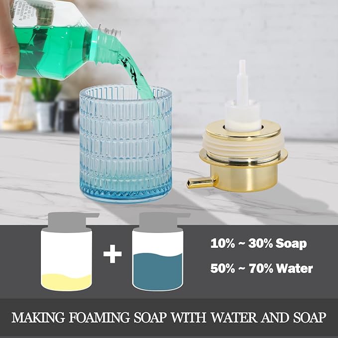 Foaming Soap Dispenser, Blue Glass Foam Soap Dispenser for Bathroom and Kitchen, 10 Oz Refillable Foaming Pump Bottle with Large Pump, Ribbed Bottle Container Decor