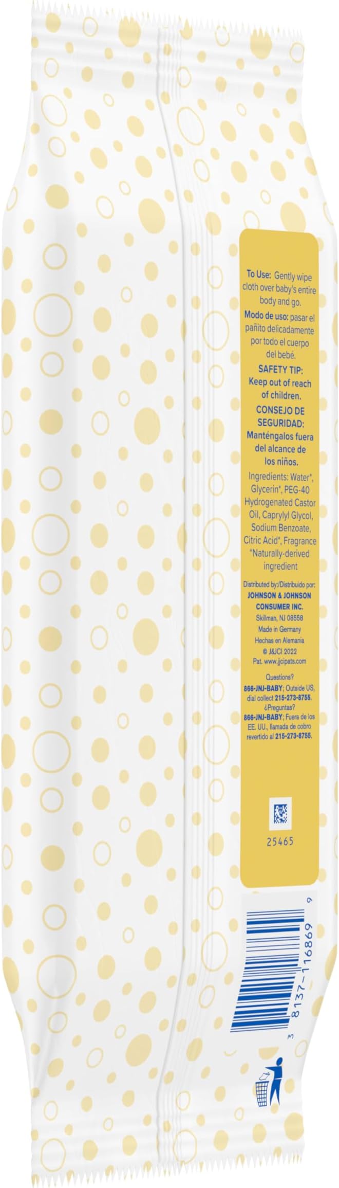 Johnson's Baby Head-to-Toe Gentle Cleansing Cloths, No Rinse, Disposable Pre-Moistened Baby Bath Wipes, Hypoallergenic Newborn Essentials, Head-to-toe Wipes, Paraben-Free 15 ct