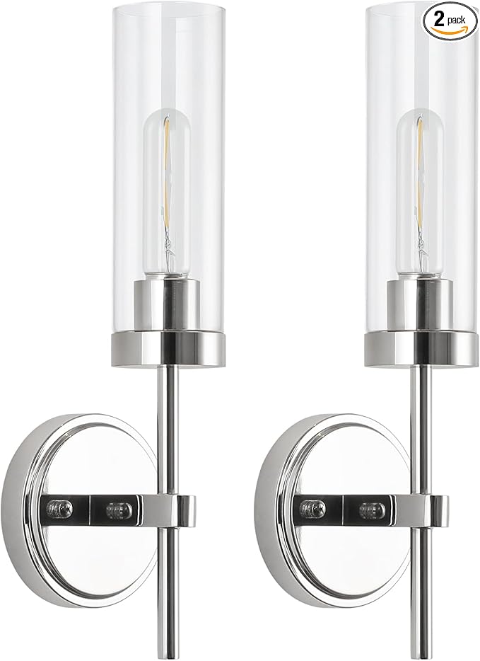 WILON Modern Wall Sconces Set of 2, Chrome Bathroom Light Fixture with Long Clear Glass Shades, Indoor Siver Wall Lamp for Vanity Mirror Bedroom Living Room Bedside Hallway Corridor Stairs