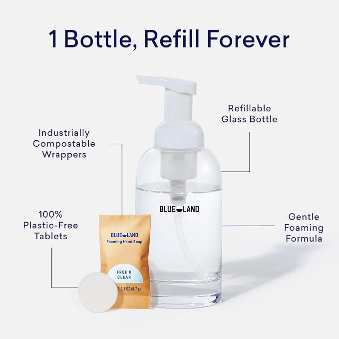 BLUELAND Hand Soap Starter Set, 1 Refillable Glass Foaming Hand Soap Dispenser with 4 Refill Tablets, Variety Scents, 4 x 9 Fl oz