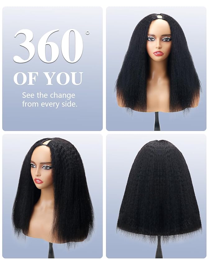 200% Density V Part Wigs Human Hair with Drawstring Kinky Straight Upgrade U Part Human Hair Wigs for Women Glueless Clip in Half Wigs Human Hair Magic Leave out 270g 18inch #1B Natural Black