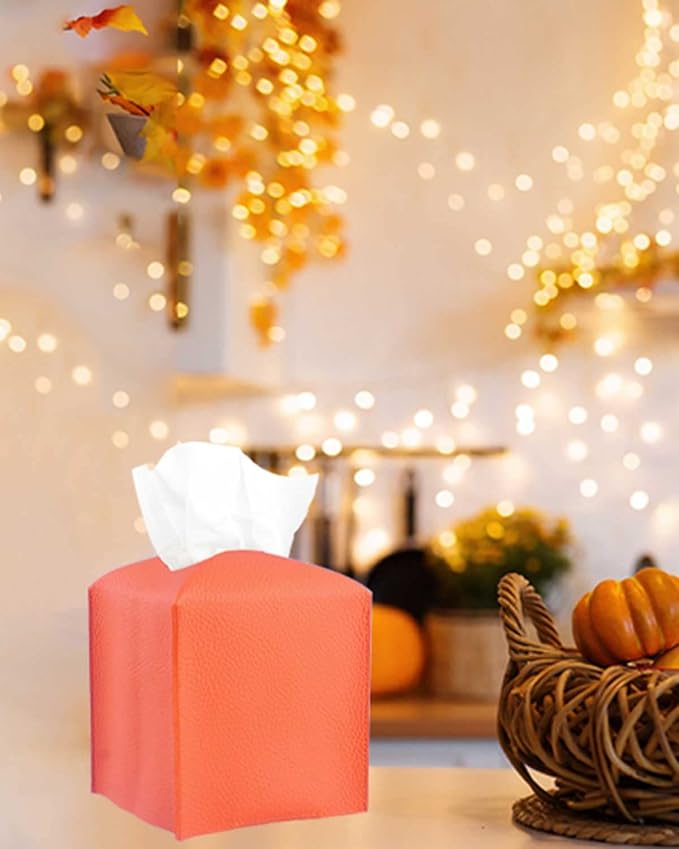 Orange Tissue Box Cover Square – Tissue Box Holder with Bottom Belt [JESMINI] Modern PU Leather Tissue Holder for Home Fall Decoration
