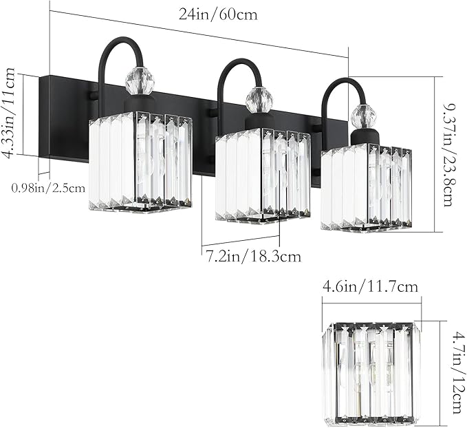 Ralbay Modern Crystal Black Vanity Light 3 Light Bathroom Light Fixtures Over Mirror Matte Black Crystal Bathroom Wall Lighting