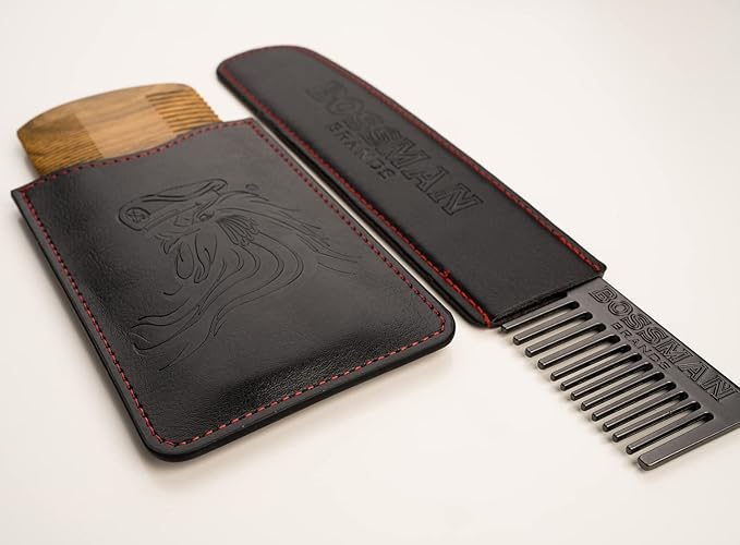 Bossman Pocket Size Sandalwood Comb with Protective Case - Fine and Wide Tooth for Beard, Mustache, and Hair Shaping Tool