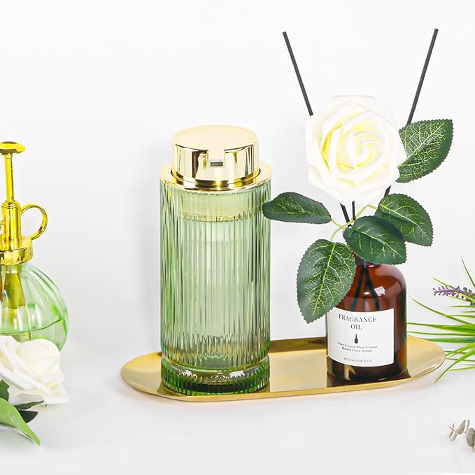14 Oz Foaming Soap Dispenser, Green Glass Soap Dispenser, Refillable Foam Pump Bottle Lotion Container with Gold Pump, Decorative Slim Ribbed Bottle for Bathroom and Kitchen Decor
