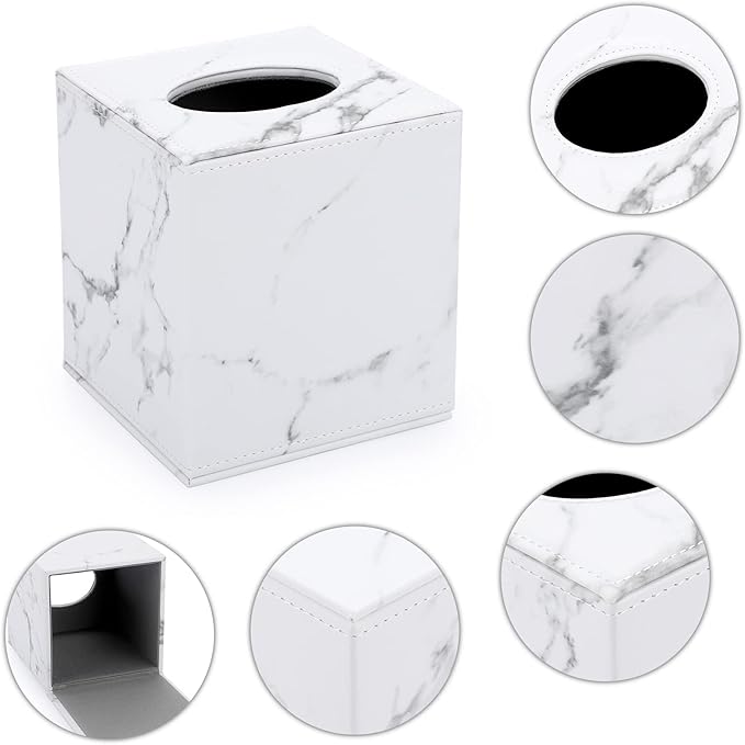 Sumnacon Square Leather Tissue Box Cover - Stylish Cube Tissue Box Holder with Magnetic Bottom, Decorative PU Tissue Box for Vanity Dresser Night Stand Table Countertop Home Office Car, Marble White