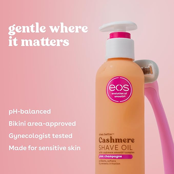 eos Cashmere Shave Oil – Pink Champagne, Moisturizing Shave Oil with Shea Butter & Glycerin, Helps Prevents Irritation & Razor Burn, Vegan, 6 fl oz