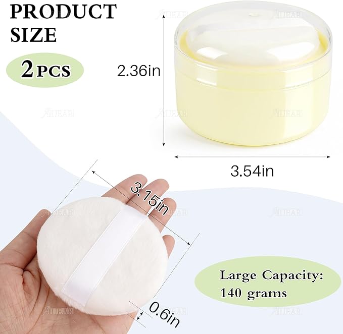 AUEAR, 2 Pcs After-Bath Empty Body Powder Container Puff Box with Sifter for Home and Travel (Yellow, 3.43" x 2.36")