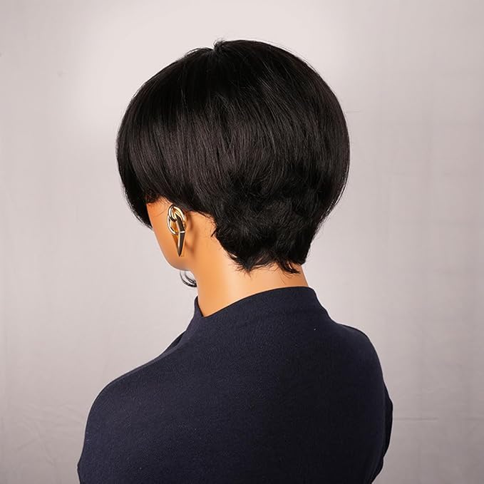 Adette Brazilian Remy Human Hair Pixie Cut Wig - Side Part and Layered 8 Inch Short Straight Style 180% Density with Rose Net Cap for Black Women
