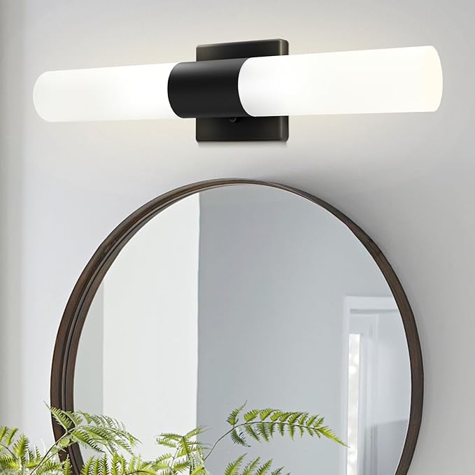 Kalium Bathroom Wall Sconces Set of Two, 21 Inch Modern Vanity Lights with Frosted Glass Shade, Bathrooms Vanity Lighting Fixtures for Mirror Bedroom Living Room Hallway (Black)