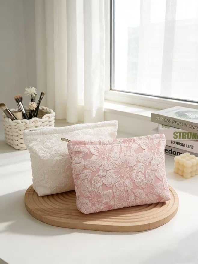 2-Pack Large Flower Makeup Bag Set - White & Pink Floral Canvas Cosmetic Organizer | Aesthetic Capacity Travel Toiletry Bag for Women (Makeup Brushes & Accessories Storage)