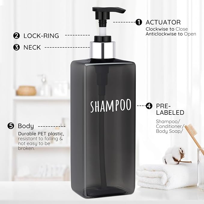 Segbeauty 16.9oz Empty Black Hand Soap Dispensers, 3pcs Large Plastic Lotion Pump Bottle, Refillable Square Pump Bottles for Shampoo and Conditioner, 500ml Pre-printed Bathroom Body Wash Gel Container