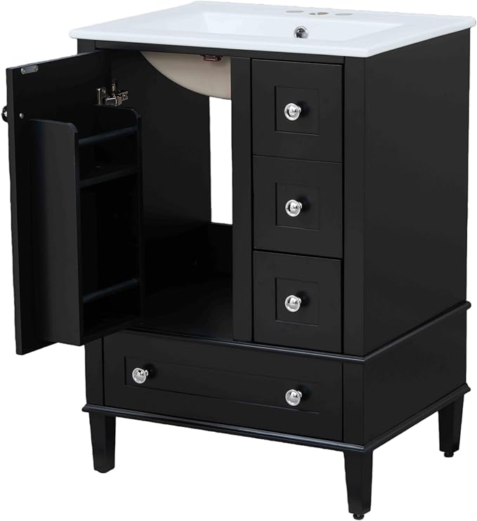 Bellemave 24" Bathroom Vanity with Sink Combo Set, Solid Wood Frame Bathroom Storage Cabinet with 3 Drawers, Soft Closing Cabinet Door with Organizer, Black