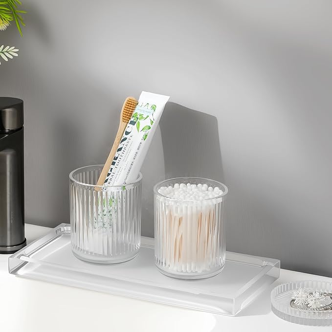 rejomiik Glass Qtip Holder Dispenser, Bathroom Canister Apothecary Jars with Lids, Vanity Makeup Accessories Storage Organizer for Cotton Swabs, Cotton Balls, Pads, Floss Picks, Clear