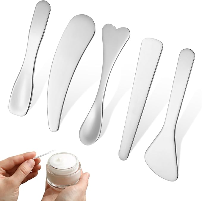 5pcs Mini Metal Makeup Spatula Stainless Steel Cream Spoon Reusable Face Mask Applicator Multi Functional Beauty Spatulas Facial Massage Skincare Tools for Mixing and Sampling Face Eye Cream