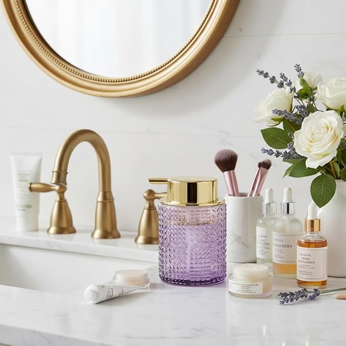 Foaming Soap Dispenser, 2pcs Purple Glass Foam Soap Dispenser with Gold Pump, Refillable 10oz Lotion Liquid Container Pump Bottle for Bathroom Kitchen Countertop