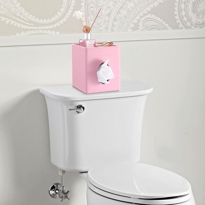 Sumnacon Square Tissue Box Cover with Storage Tray, Decorative Cube Tissue Holder PU Leather Facial Tissues Organizer Stylish Modern Tissue Dispenser for Bathroom Toilet Tank Vanity Dresser Table