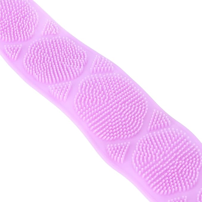 Silicone Back Scrubber Strap Double Sided Exfoliating Bath Shower Cleaning Belt Ergonomic Design for Men Women Kids Elderly Soft Dense Brush Hair Body Massage Tool (Purple)