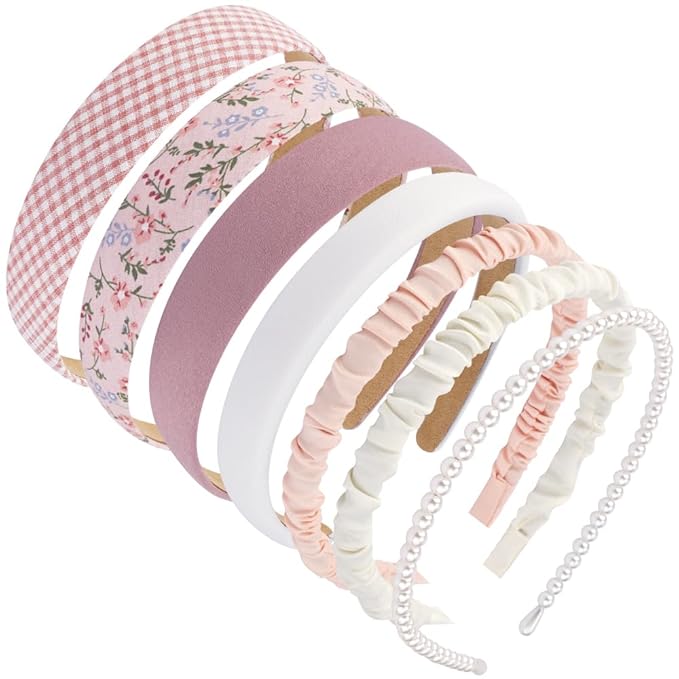 AHONEY 7 Pack Pink Headbands for Girls Women Headbands Trendy Non Slip Hairbands Cute Croquett Hair Accessories Kawaii Multi-style Headband Pack (Pink)