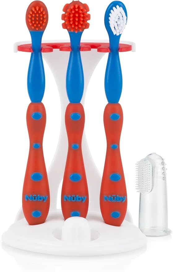 Nuby 4 Stage Oral Care Set System, Red/Blue