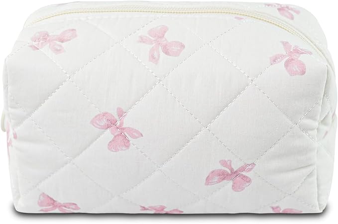 Quilted Makeup Bag Floral Cotton Make up Bag Puffy Coquette Makeup pouch Aesthetic Cute Travel Toiletry Bag for Women Girls