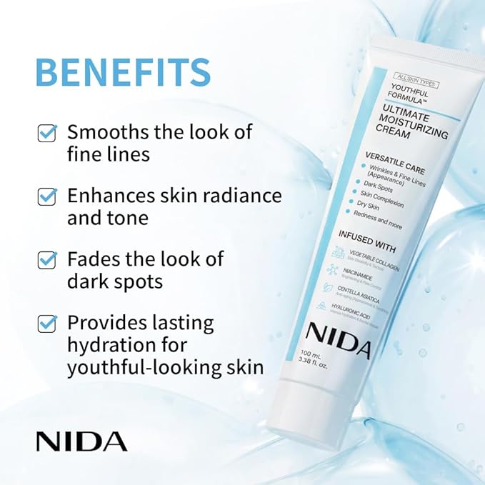 NIDA Youthful Formula™ Ultimate Moisturizing Cream | Centella Asiatica, Niacinamide, Hyaluronic Acid, Collagen | Wrinkles, Fine Lines, Dark Spots, Dry Skin, Redness | 3.38 fl. oz., 100ml (New Formula)