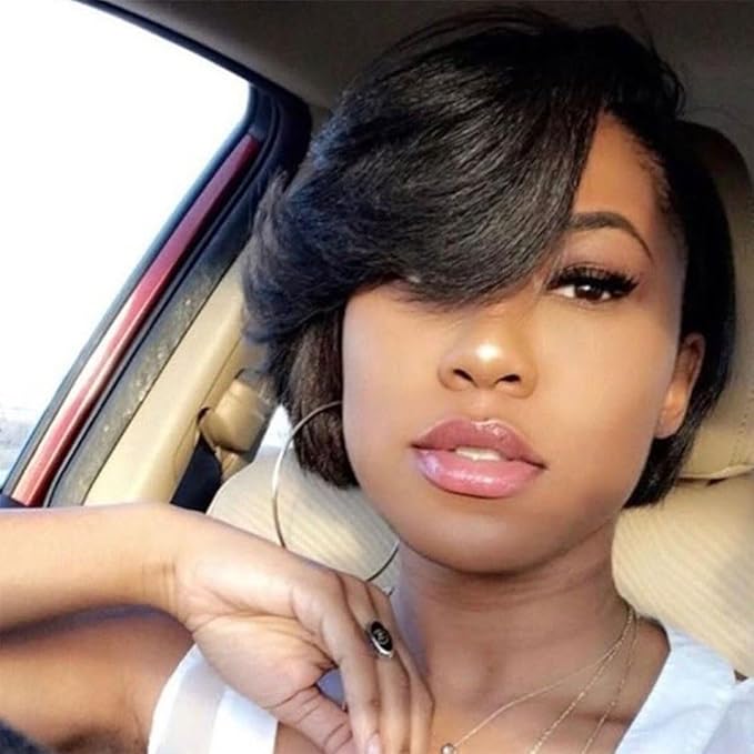 Adette 6 Inch Real Human Hair Wig for Women - Glueless Mullet & Wolf Cut Style, Natural Black Curly Wave Texture, Layered Pixie Cut with Bangs, 180% Density