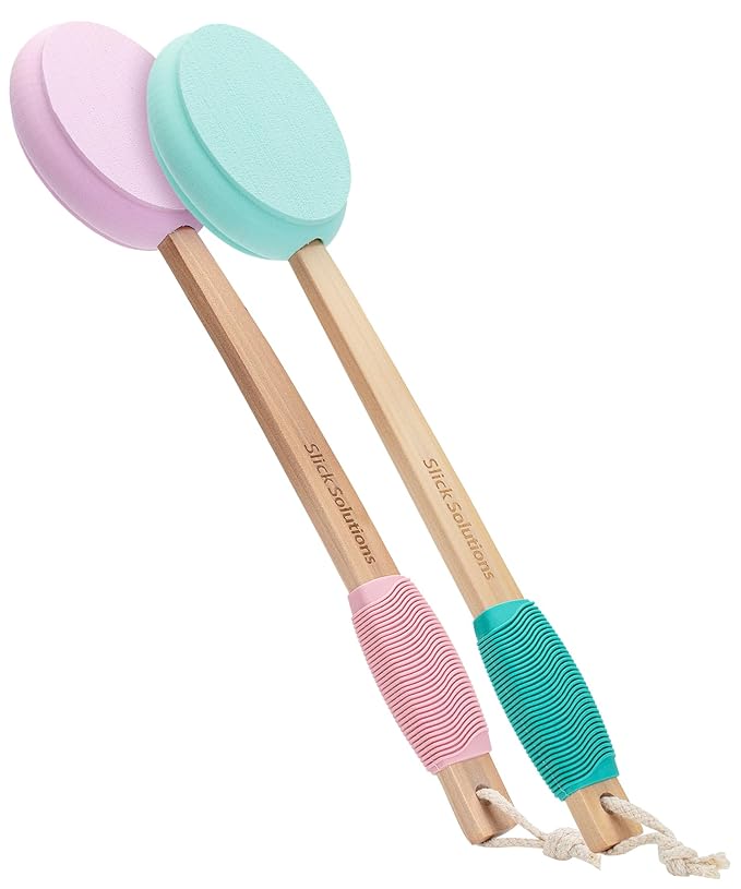 Slick- Lotion Applicator, 17 Inch, 2 Pack, Green and Pink, Back Applicator Lotion, Certified Organic, Easy Reach Washable, Self Tanner for All Skin Tone