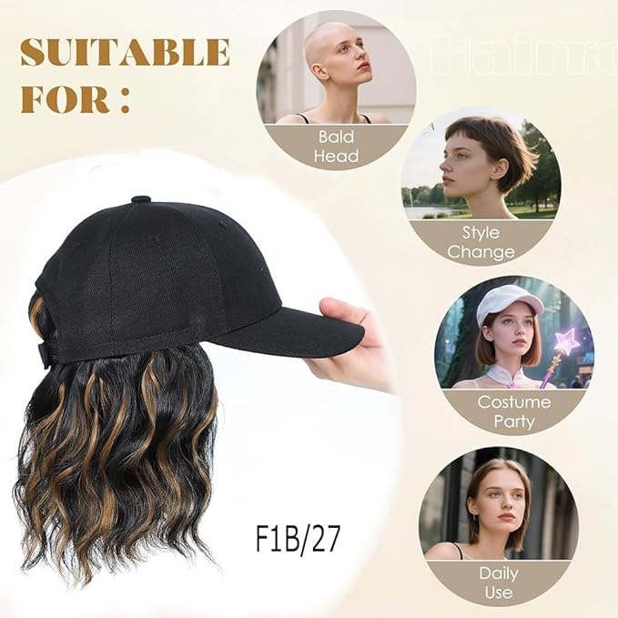 GUOJIAN Hat Wigs for Women 6' Short Wave Baseball Cap Wigs with Curly Hair Extensions Synthetic Wave Wig Adjustable Hat with Hair Attached for Daily Use (1B/27, 6inch)