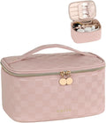 Prite Makeup Bag, Large Capacity Portable Travel Cosmetic Bag, Waterproof Makeup Organizer for Women with Handle and Divider (001 Checkered Pink)