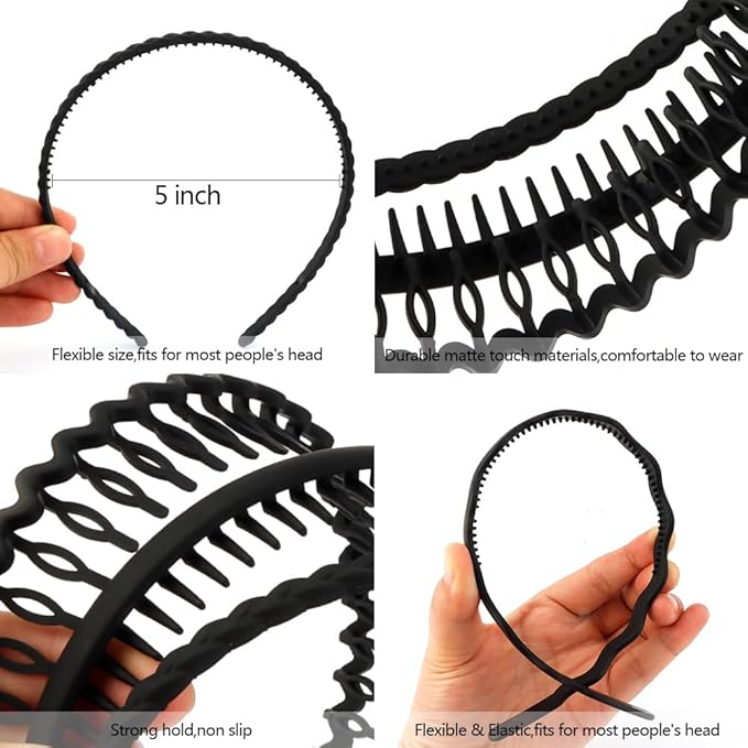 AHONEY 7 Pack Black Headbands for Women Mens Headbands with Teeth Non Slip Hairbands for Women's Hair Accessories Comb Headband Diademas Para Mujer (Black)