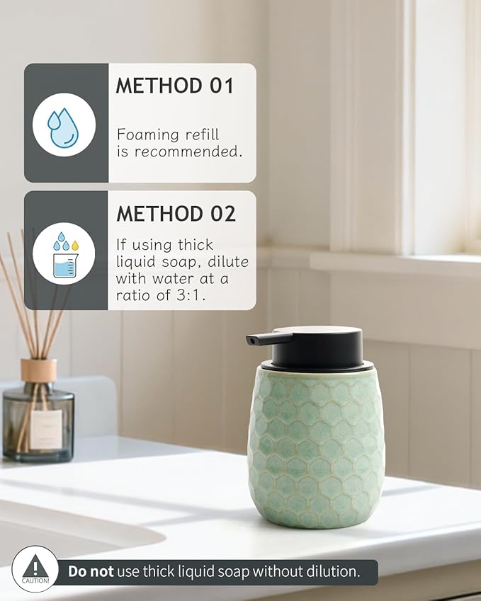 Foaming Soap Dispenser, 12OZ Ceramic Foam Hand Soap Dispenser with Honeycomb Design for Kitchen or Bathroom, Refillable Dish Lotion Dispenser, Green, ANTIS'S HOME