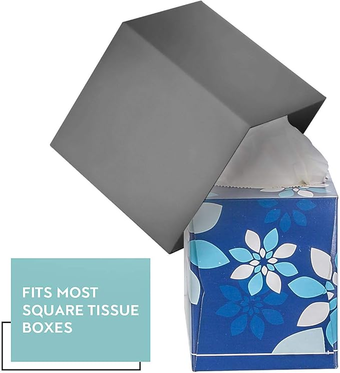 Gray Tissue Box Cover Square - Plastic Facial Tissue Box Holder Vessel Dispenser - Decorative Cube Tissue Holder for Bathroom, Vanity Countertop, Dresser, Bedroom, Office Grey Decor