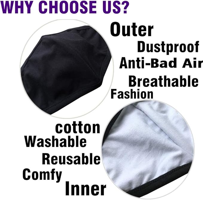 Pack 3 Black Cloth Dust Mouth Mask - 3 Layers All Cotton - Reusable Washable Comfy Breathable Material