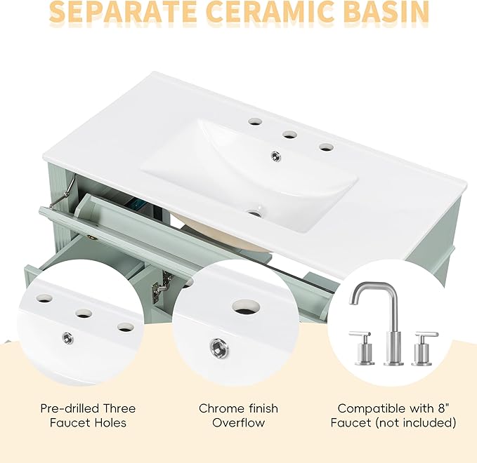 Harper & Bright Designs 36" Bathroom Vanity with Sink, Free Standing Single Basin Vanity Set with Tip-Out Drawer, 3 Drawers, and 2 Doors, Wood Bathroom Cabinet with Ceramic Basin for Bathroom, Green