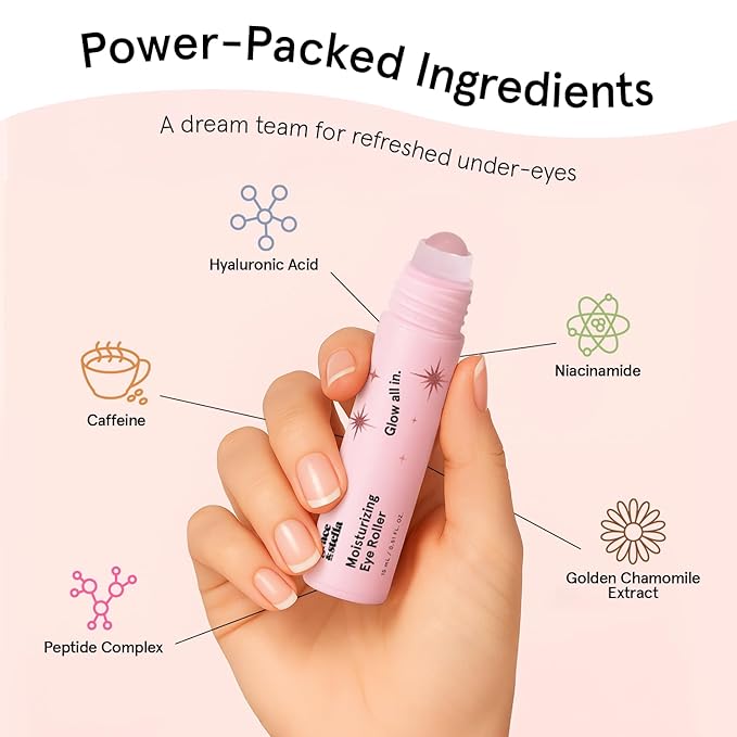 grace & stella Under Eye Brightener with Rose Quartz Rollerball - Centella Asiatica & Caffeine Under Eye Serum for Dark Circles & Puffiness - Travel Essentials, Gifts for Women, Vegan (15ml/0.51floz)