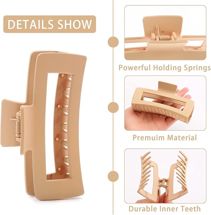 4 PCS 5 Inch Extra Large Claw Clips for Women, Large Jumbo Claw clips for Thick Long Curly Hair, Oversized Matte Non-slip Rectangle, Durable Strong Hold Hair Clip, Non-slip Square Jaw Clips