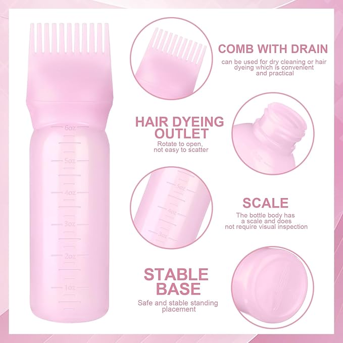 Root Comb Applicator Bottle Oil Applicator for Hair Dye Hair Oiling Bottle with 2 Type Caps and Graduated Scale, 6 Ounce (Pink)