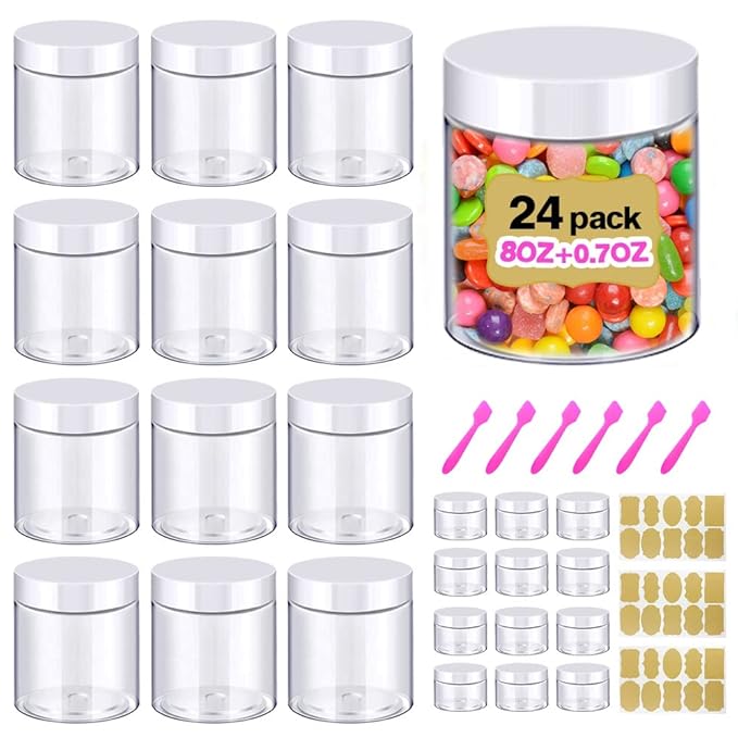 8oz Slime Containers with Lids 8 oz Plastic Jars with White Lids + 20g Sample Jars (Set of 24) Airtight Container for Lip Scrub, Body Butters, Cream, Slime, Craft Storage