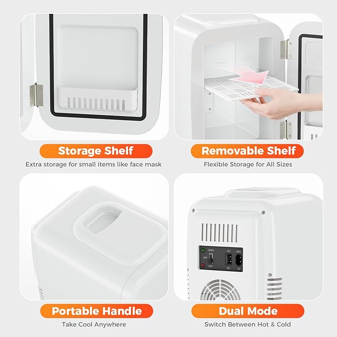 Mini Fridge, 4 Liter/6 Can Mini Makeup Fridge, 110V AC/ 12V DC Portable Thermoelectric Cooler&Warmer for Skincare, Drink, Cosmetic, Medicine, Small fridge for Bedroom, Office, Dorm, Car, White