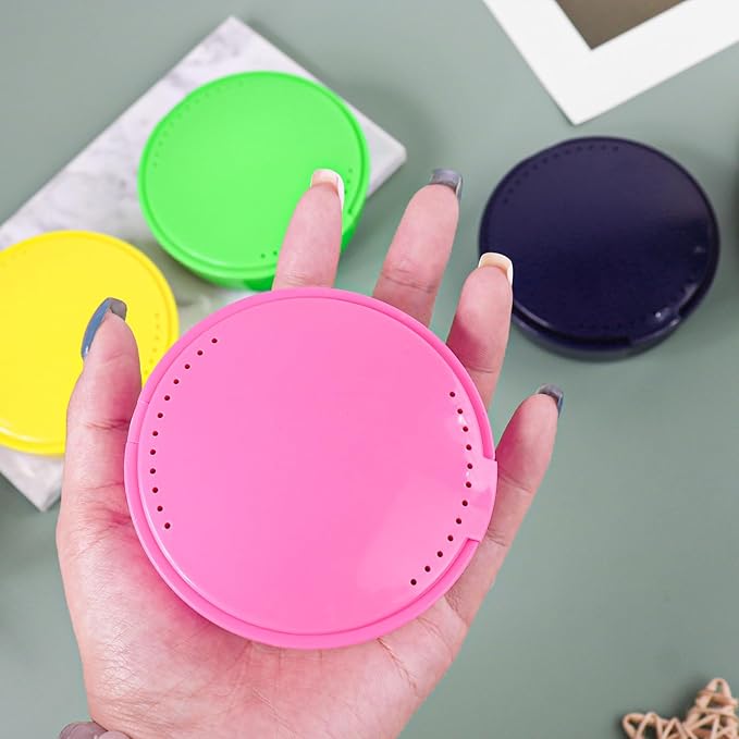 Plastic Cotton Round Holder with Mirror 4 Pack Cosmetic Cotton Pad Holder Portable Travel and Sealed Suitable for Makeup Remover, Beads, Jewelry, Crafts (4 Colors (Blue, Pink, Green, Yellow))