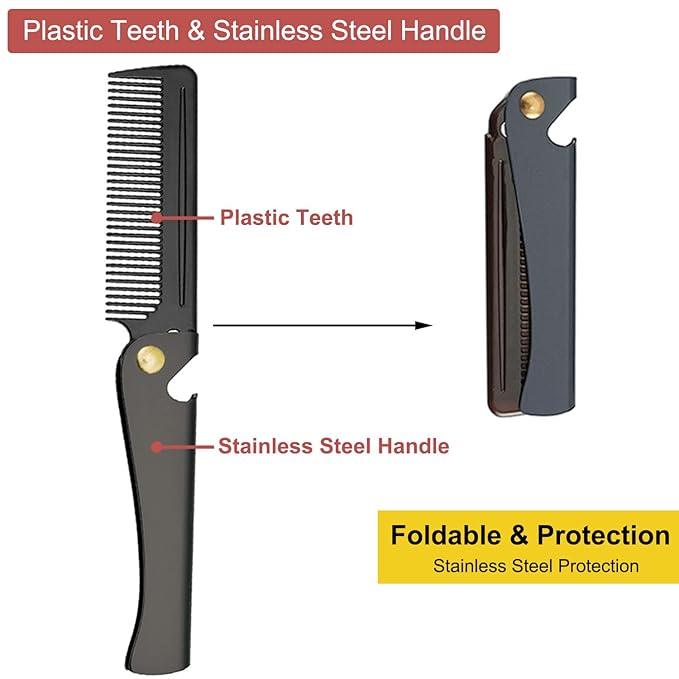 Stainless Steel Folding Comb, Pocket Comb for Men and Women, Black