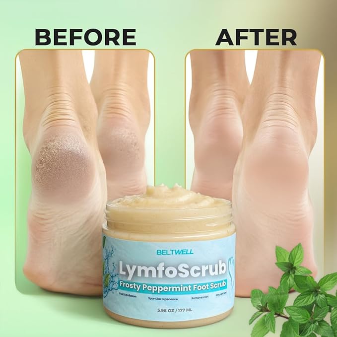 Beltwell® LymfoScrub™ Frosty Peppermint Body Scrub & Foot Cream – Foot Exfoliator Scrub for Sensitive, Itchy, Cracked & Swollen Feet – Smooths & Refreshes with Gentle Exfoliation & Cooling Formula